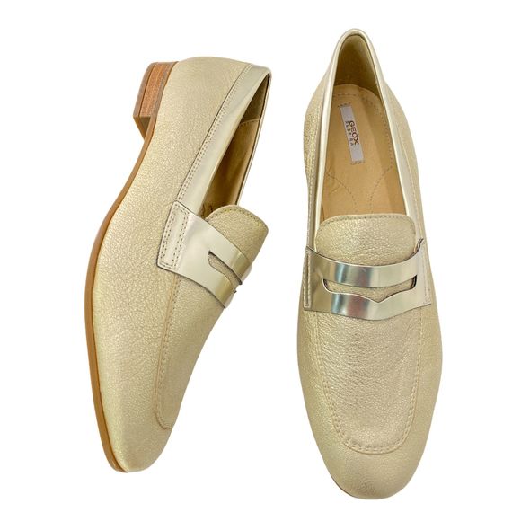 GEOX Marlyna Leather Sparkly Metallic Gold Penny Loafers NWB - Picture 3 of 10